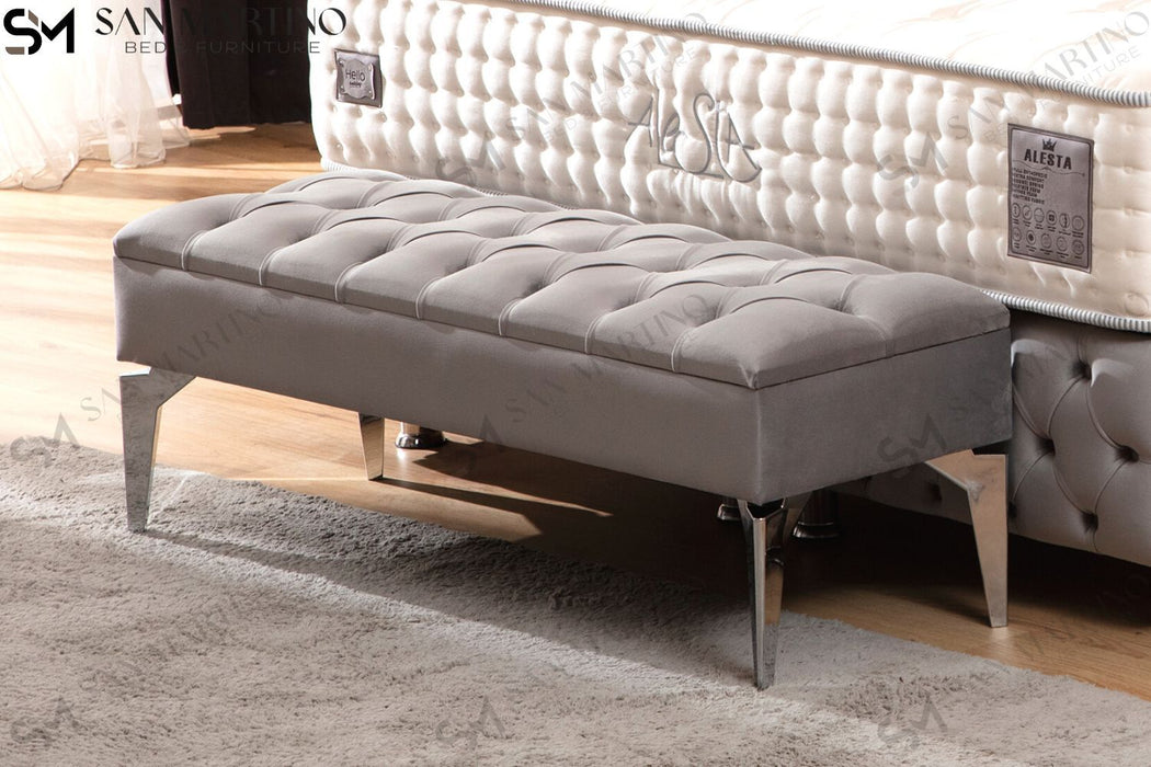 Banc banquette capitonné coffre gris ou beige - Relax Meubles