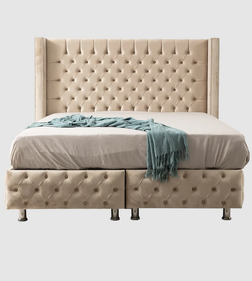 Lit coffre Clouté beige Velours - Relax Meubles