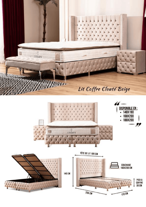 Lit coffre Clouté beige Velours