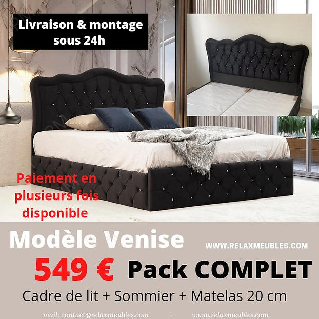 Ensemble lit à sommier tapissier de qualité avec matelas noir 140x190 cm  velours au meilleur prix