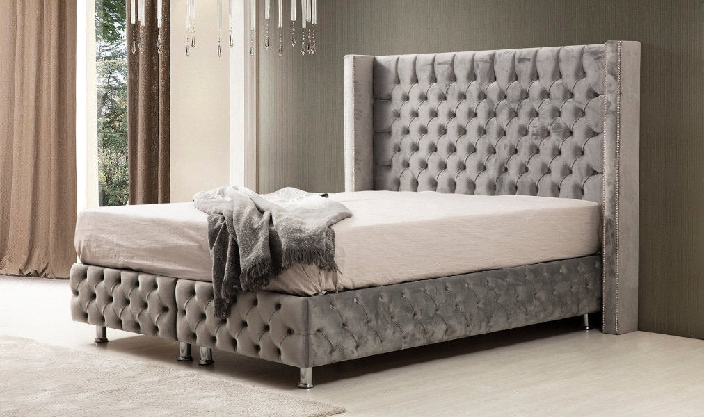 Lit coffre Clouté  gris 140x190 cm 160x200 cm 180x200 cm Velours